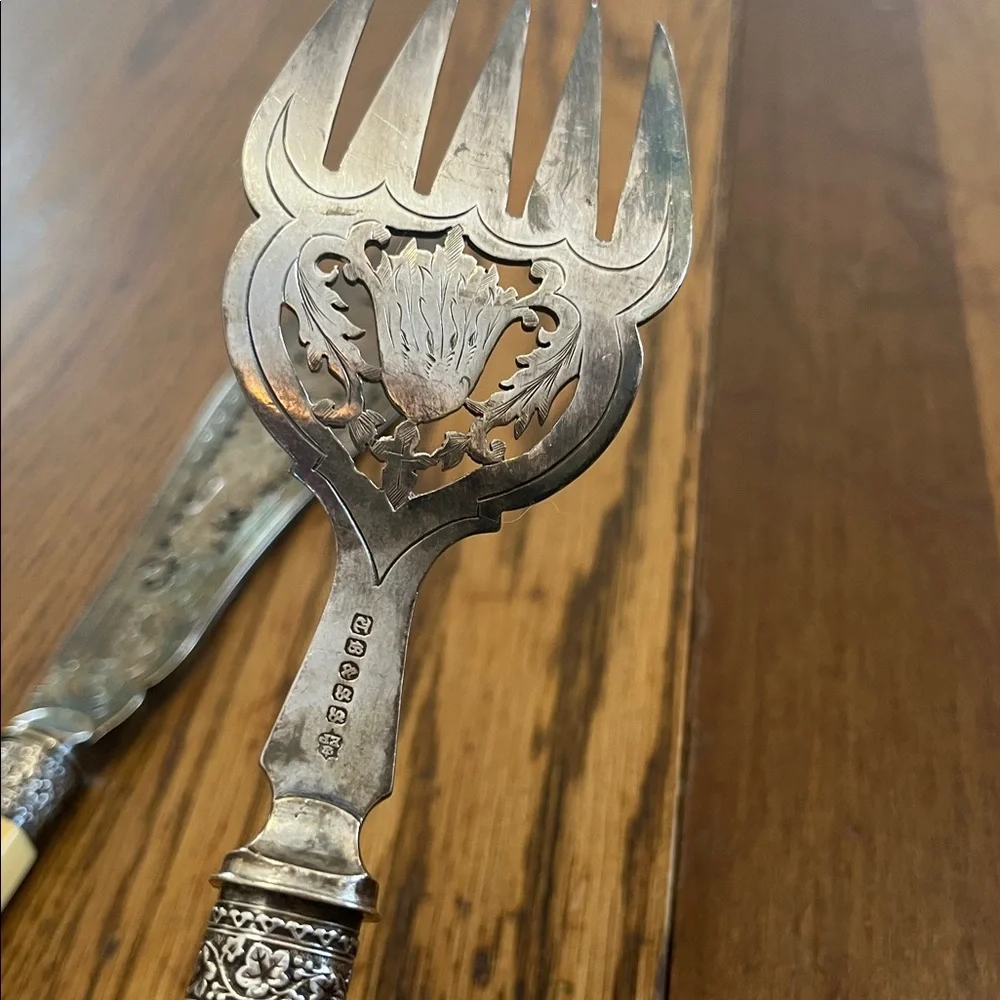 Vintage Silver and Yellow Handle Serving Set